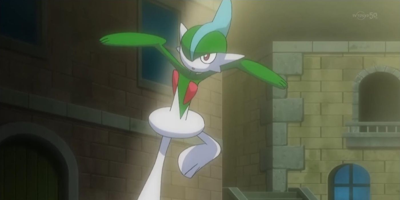 Carl's Gallade jumping into a room in the Pokémon anime