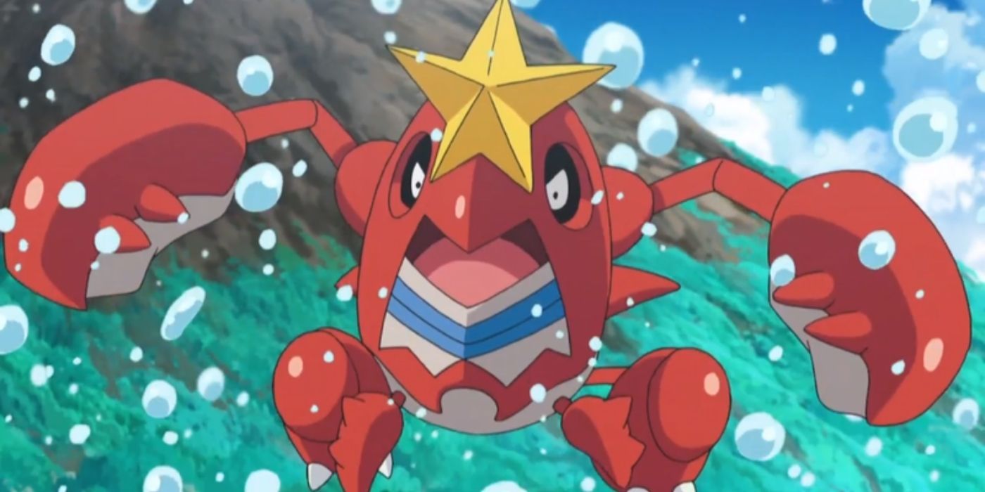 Crawdaunt jumping out of the water in the Pokémon anime