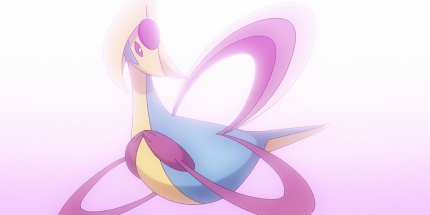 Cresselia surrounded by white and pink light in the Pokémon anime