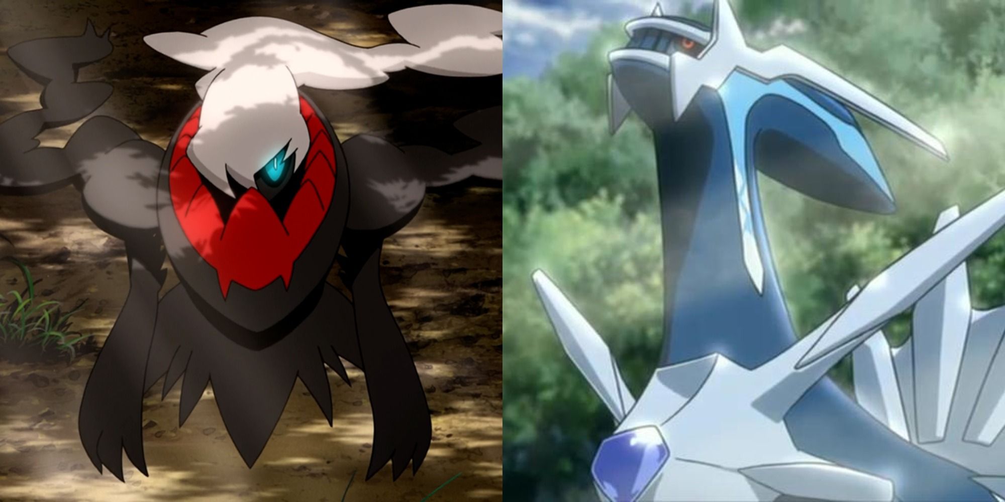 Split image showing Darkrai and Dialga in the Pokémon anime