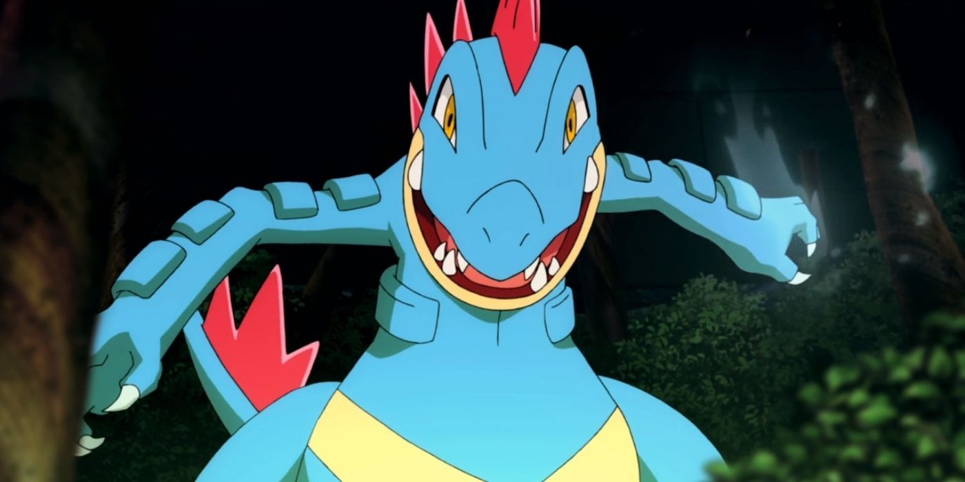 Feraligatr getting ready to attack in the Pokémon anime