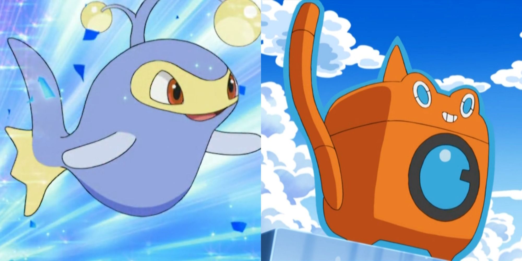 Split image showing Lanturn and Wash Rotom in the Pokémon anime