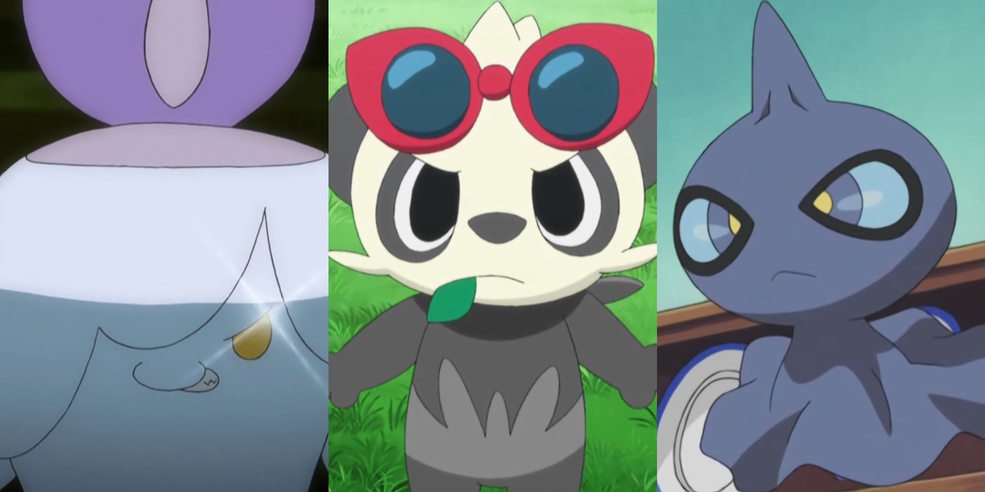 Split image showing Kitwick, Pancham, and Shuppet in the Pokémon anime