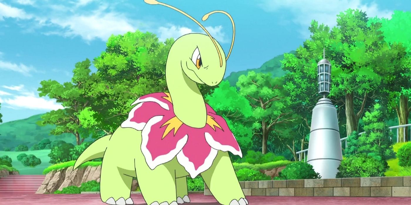 A Meganium getting ready for battle in the Pokémon anime