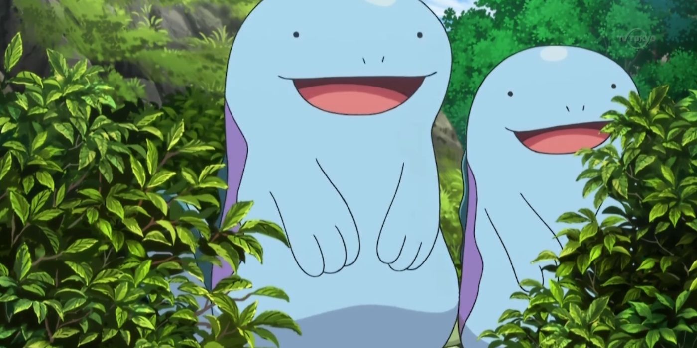 A pair of Quagsire smiling in the tall grass in the Pokémon anime