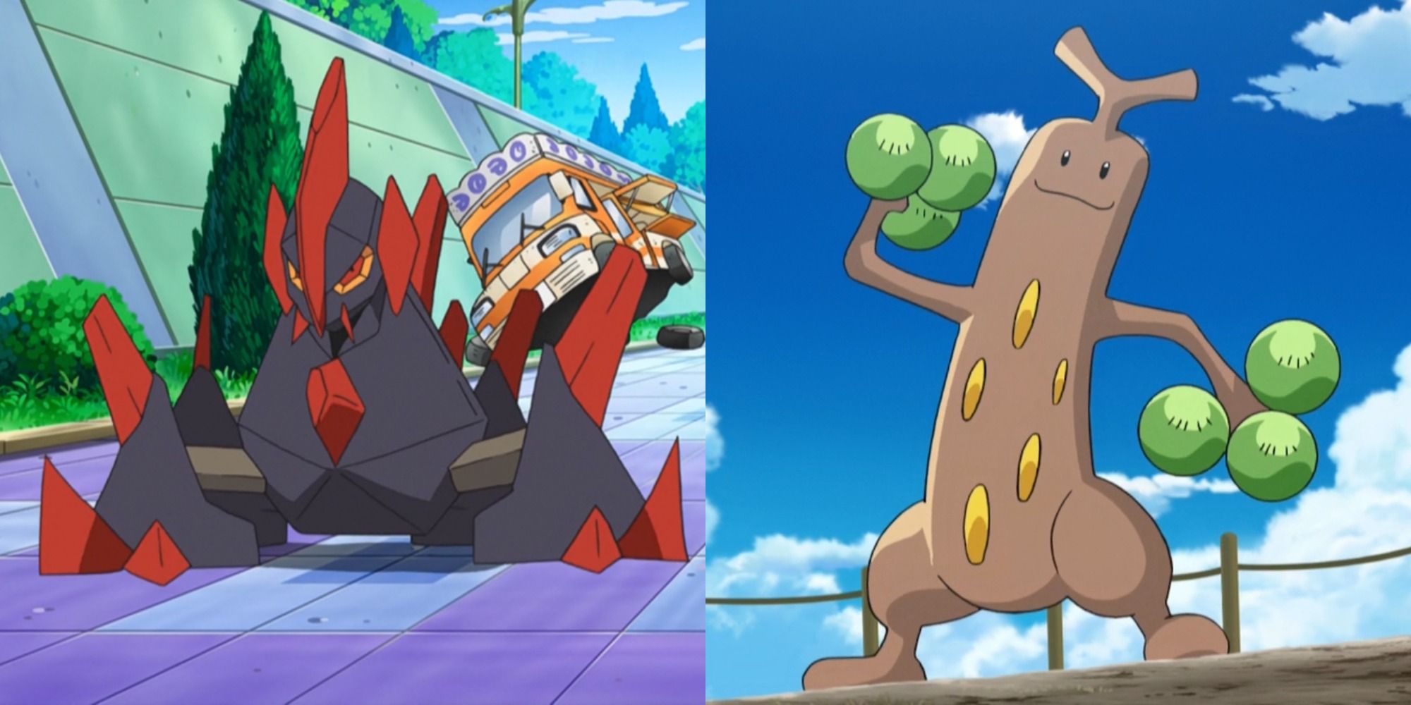 Split image of Gigalith and Sudowoodo dancing in a forest in the Pokemon anime.