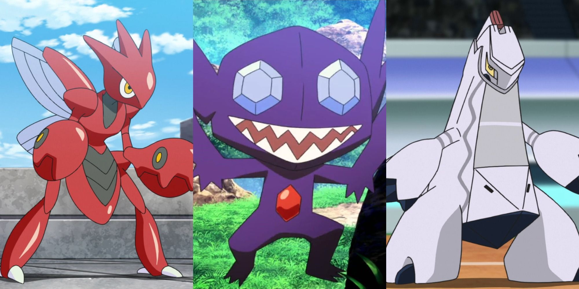 Split image showing Scizor, Sableye, and Duraludon in the Pokémon anime.