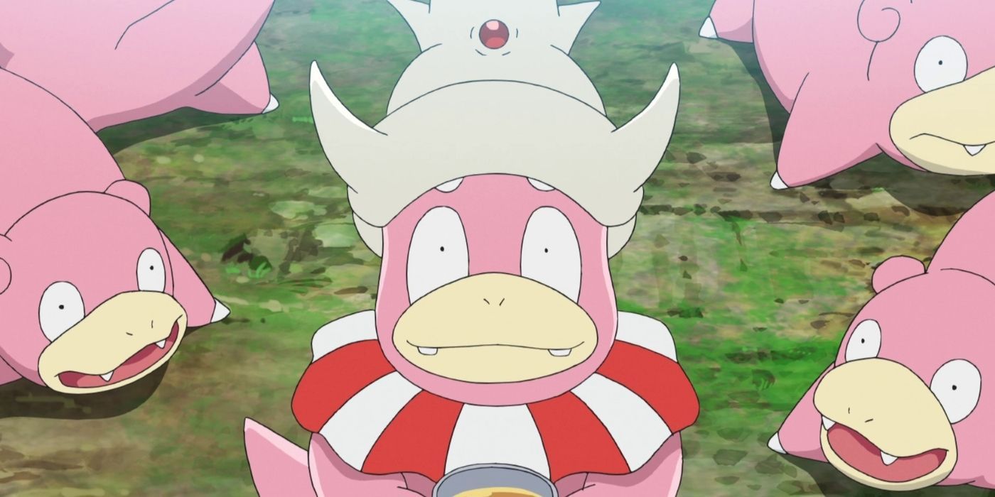 A Slowking looks up at someone while surrounded by a group of Slowpoke in the Pokémon anime.