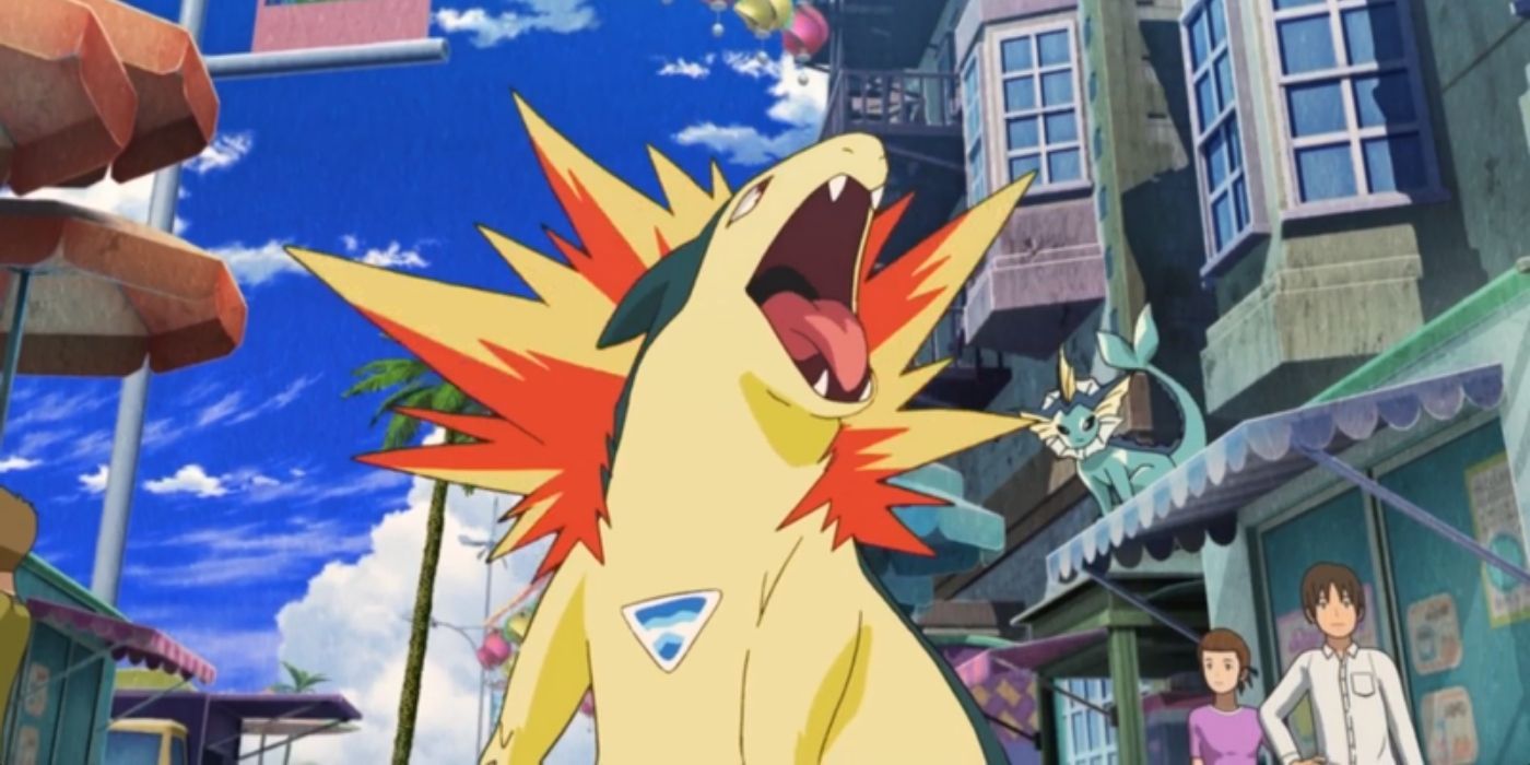 Typhlosion mengaum di desa yang ramai di anime Pokemon.