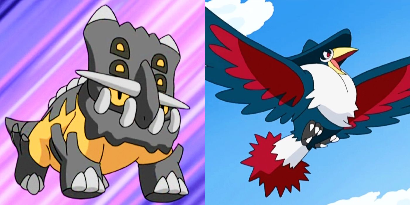 Split image: Bastiodon and Honchcrow each appear in scenes from the Pokémon anime