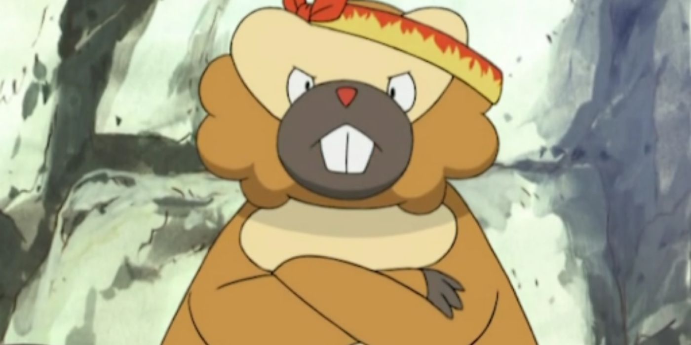 A Bibarel with a bandana crossing its arms in the Pokémon anime