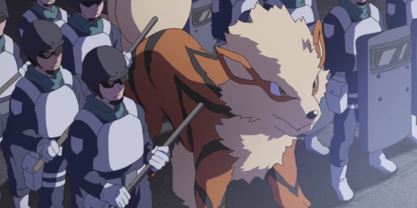 An Arcanine standing in line with policemen in Pokémon Generations.