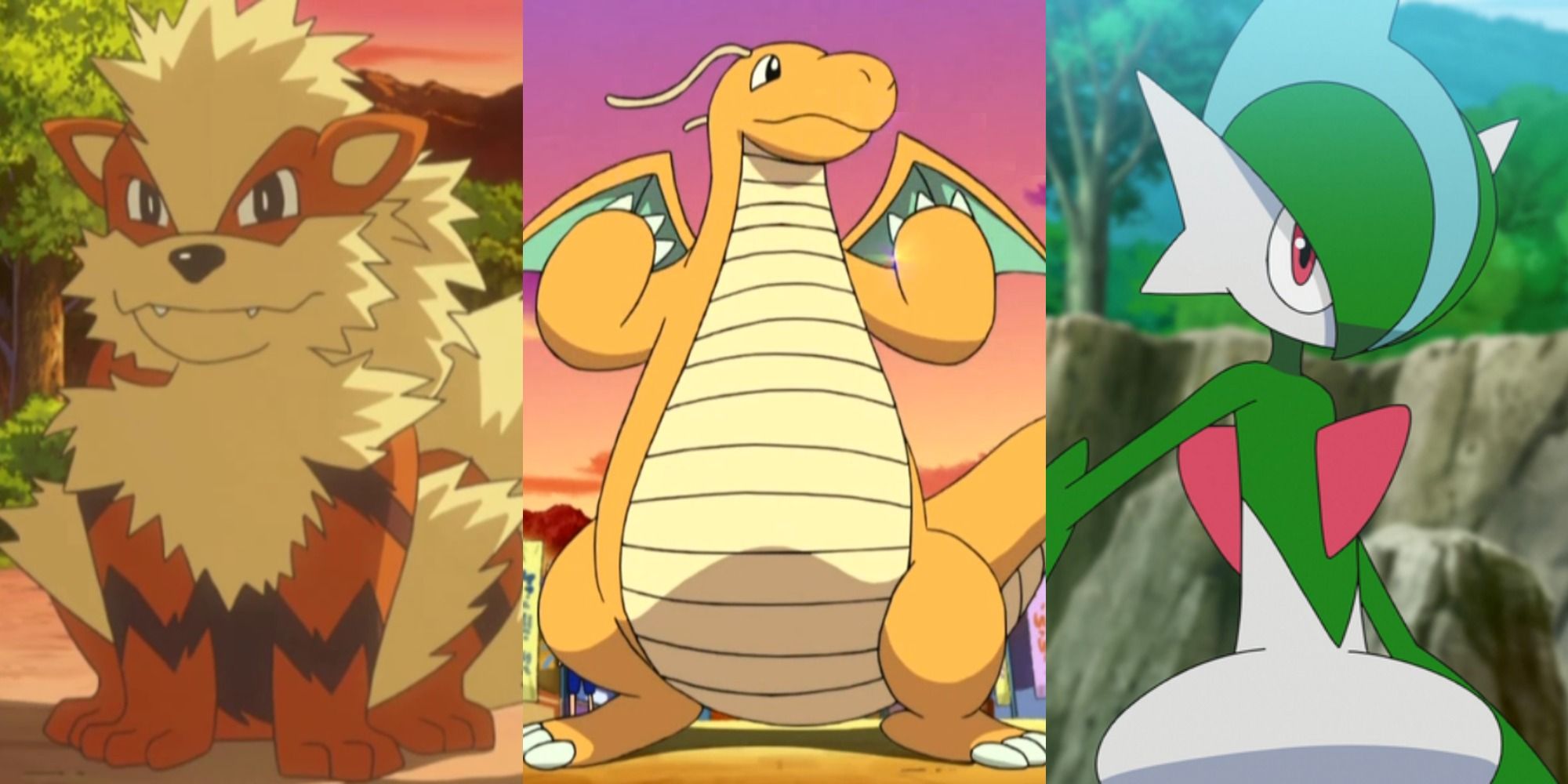 Split image showing Arcanine, Dragonite, and Gallade in the Pokémon anime