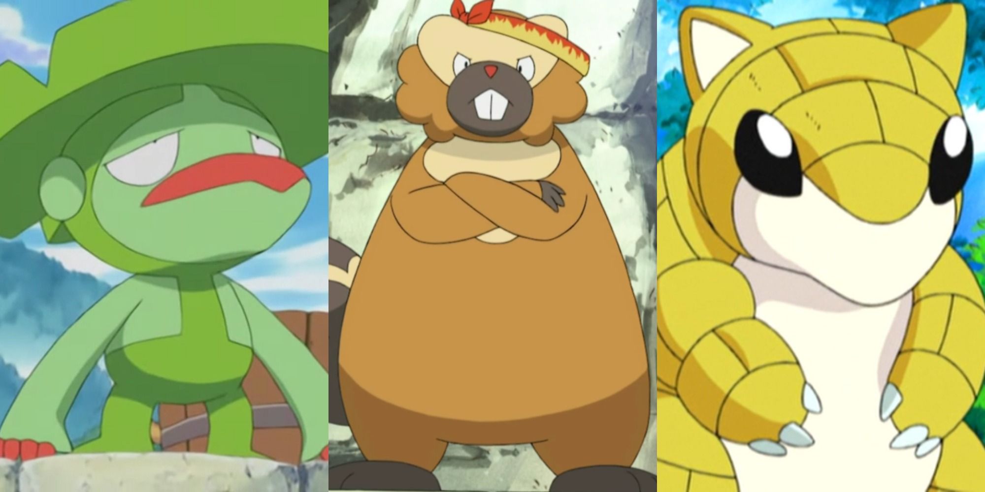 Split image of Lombre, Bibarel, and Sandshrew in Pokemon