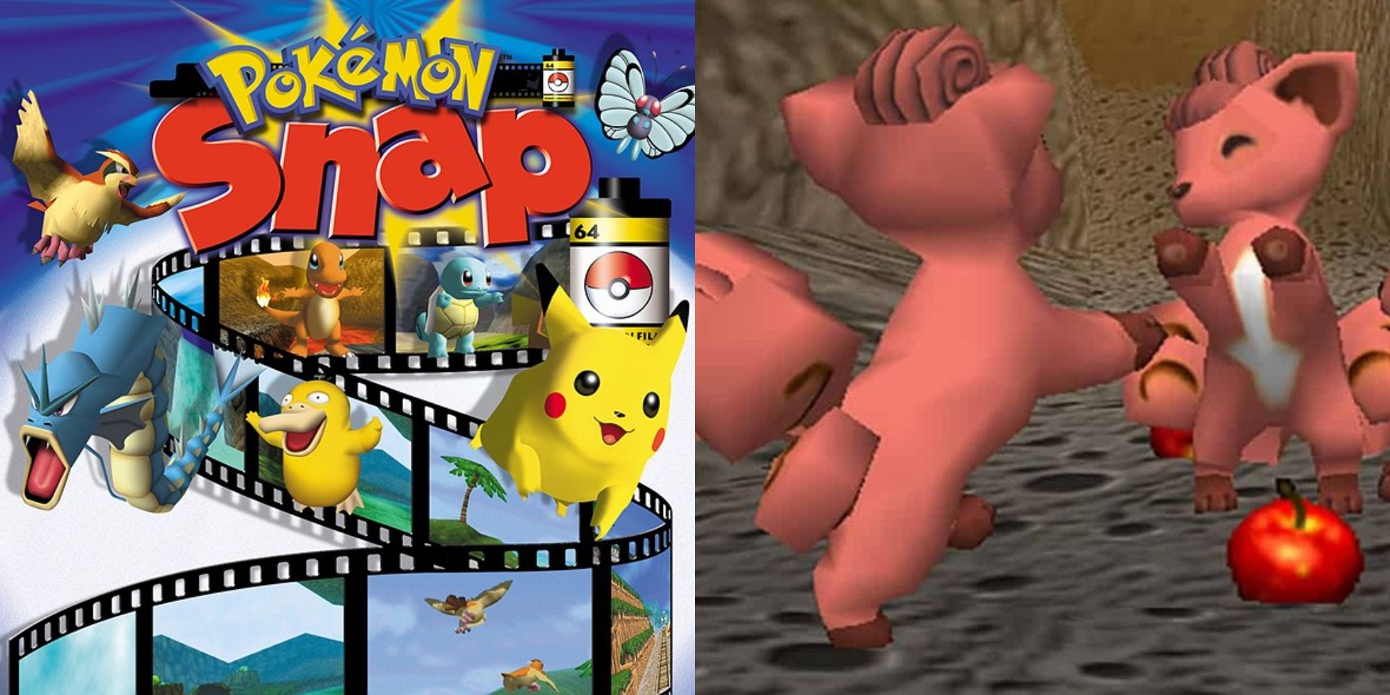 Split image showing the cover of Pokémon Snap and a group of dancing Vulpix in the game