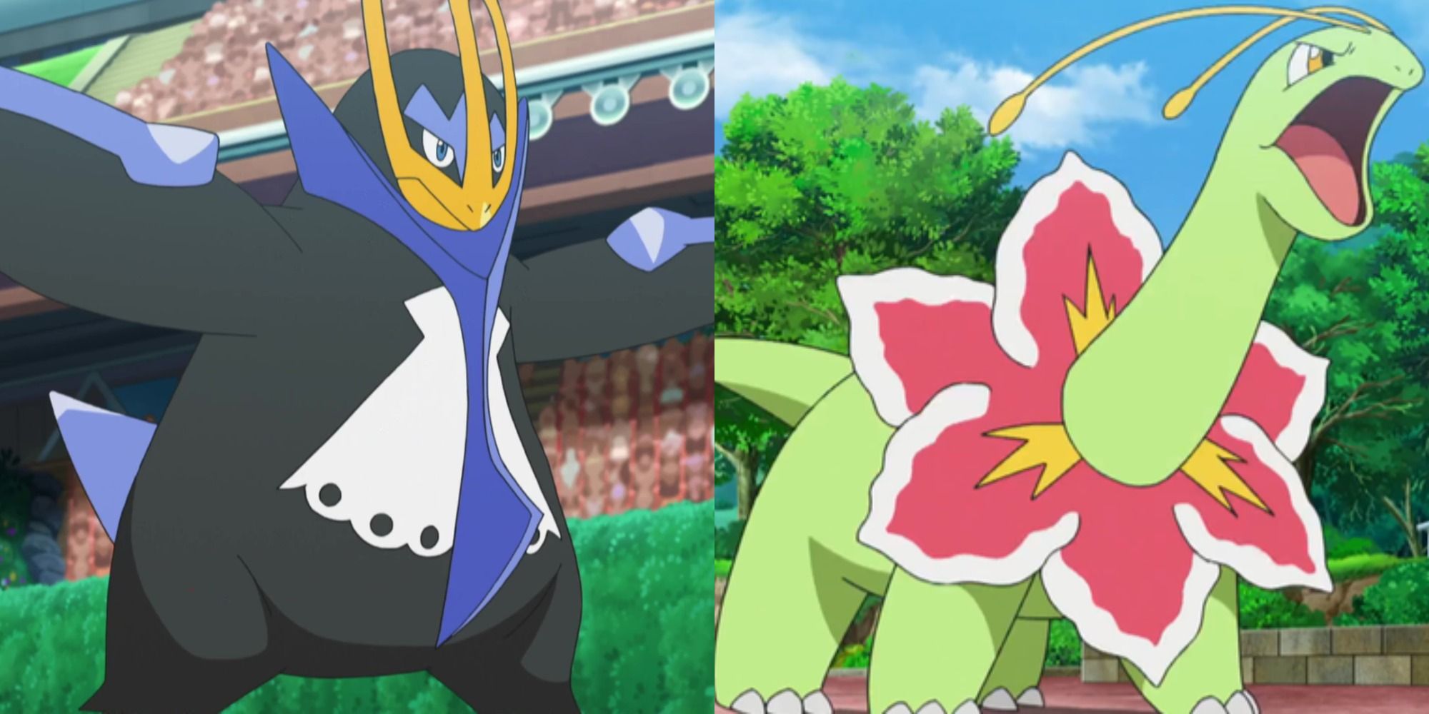 Split image: Starter Pokémon Empoleon and Meganium are ready for battle in the Pokémon anime.