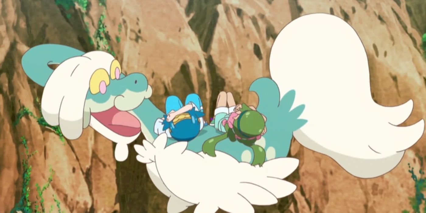 A wild Drampa carries Lana and Mallow on its back in the Pokémon anime