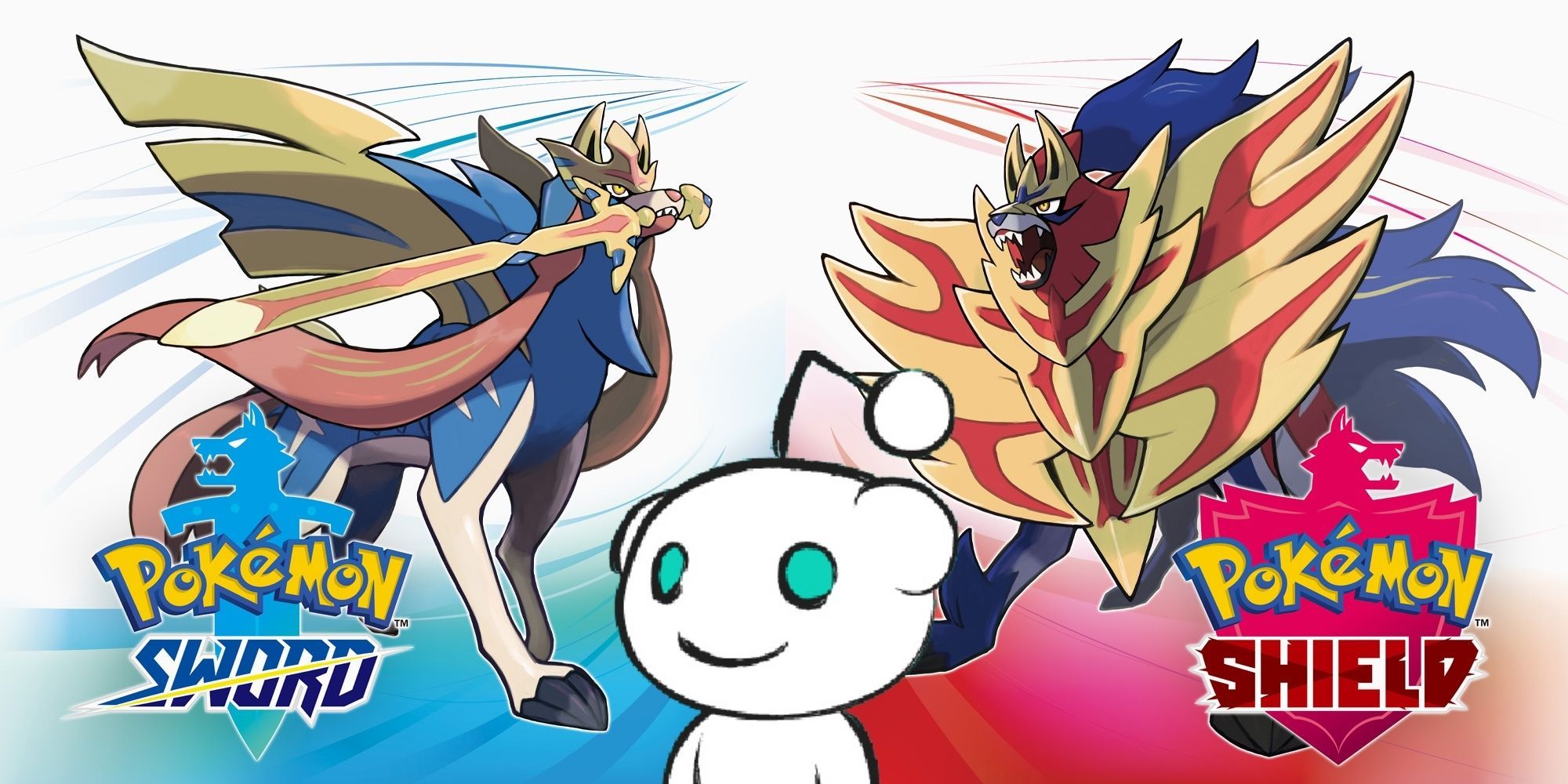Split image showing the covers for Pokémon Sword and Pokémon Shield and Snoo from Reddit.