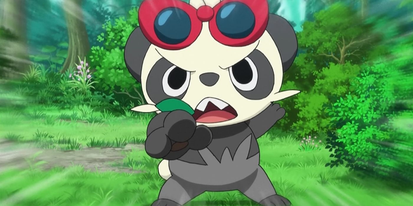A Pancham wearing red shades roaring in the Pokémon anime