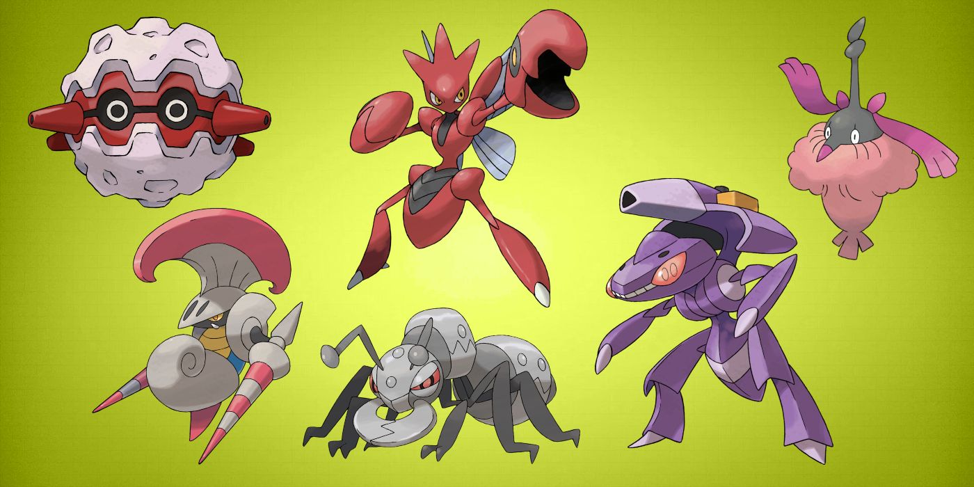 An assortment of Steel-type Pokemon on a light green background.