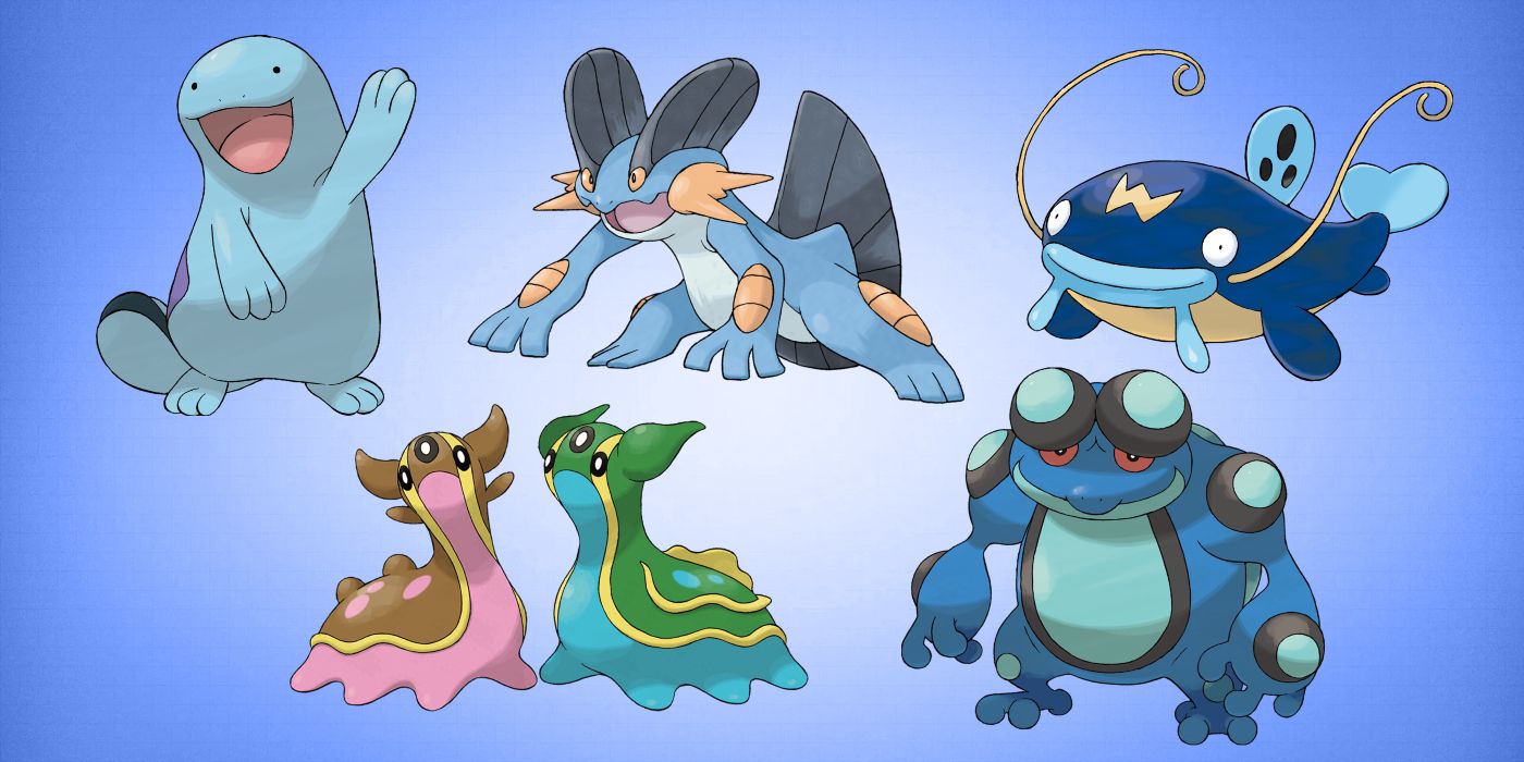 A group of water type Pokemon on a blue background.