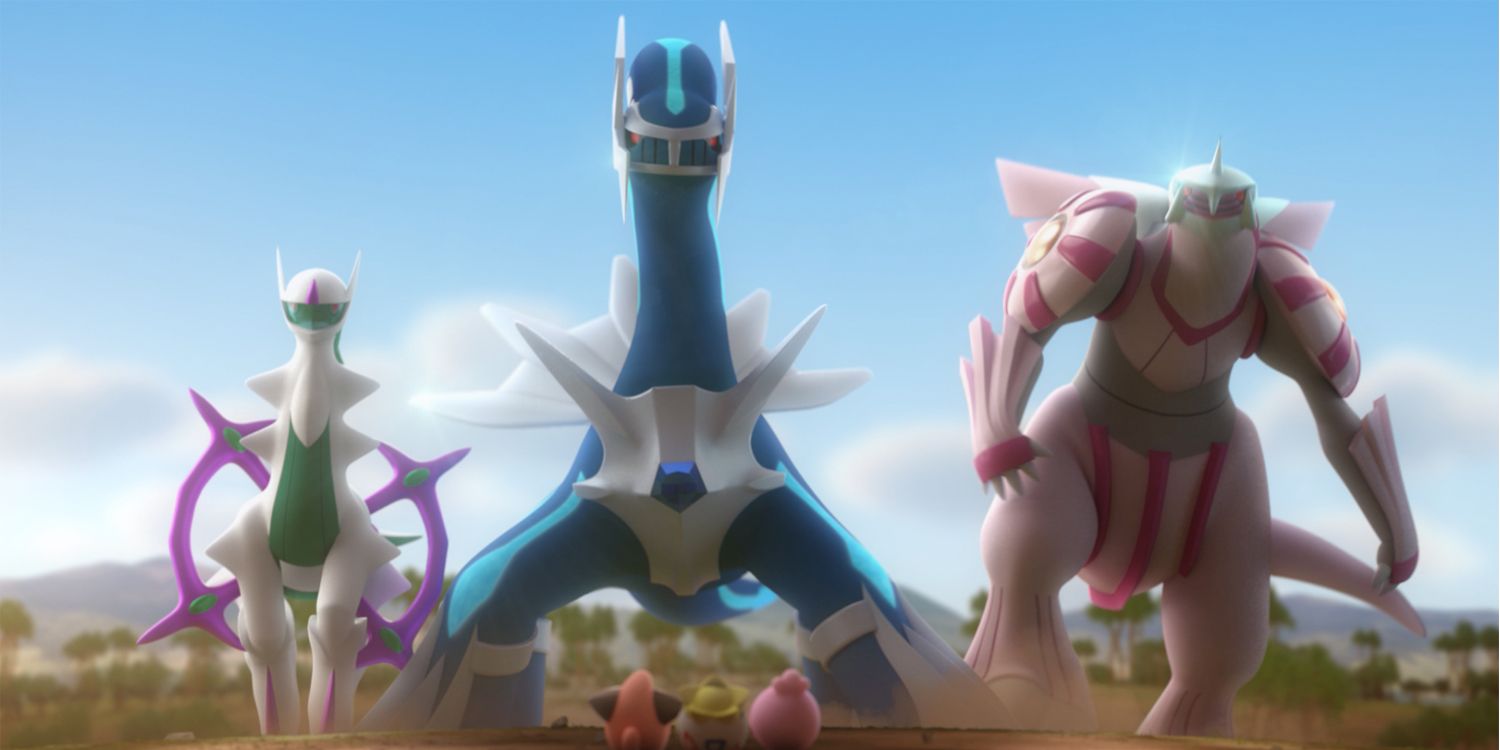 Arceus, Dialga e Palkia elevando-se sobre outros Pokémon não lendários.