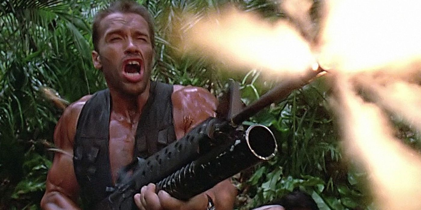 Dutch (Arnold Schwarzenegger) firing a gun in Predator