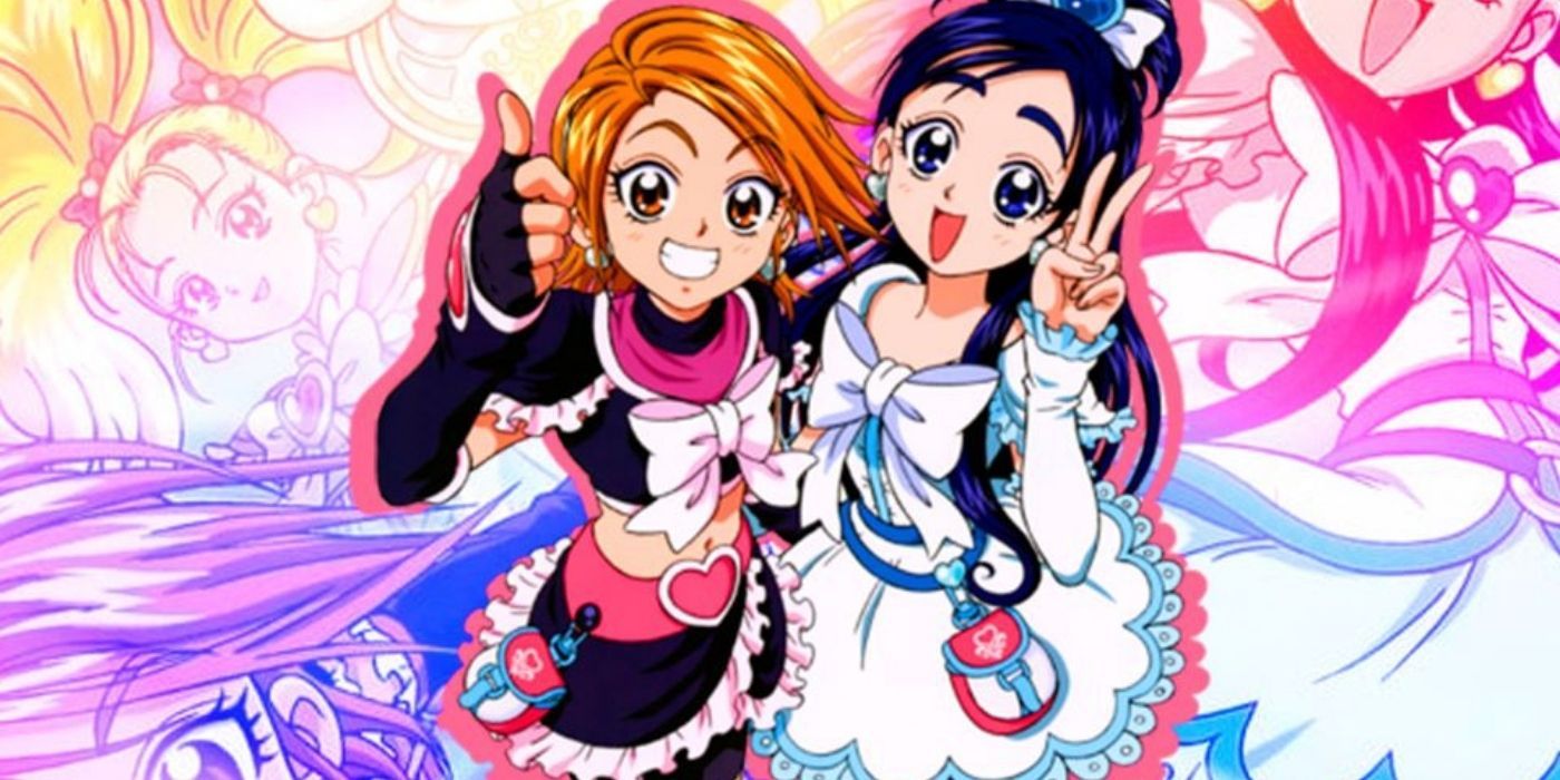 Duas garotas se abraçando e fazendo os sinais da paz no anime Pretty Cure