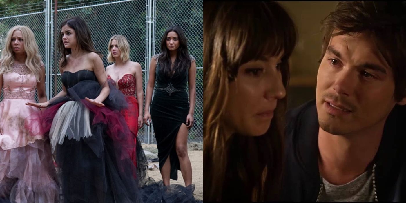 Split image of Mona, Aria, Hanna, and Emily in dirty dresses and Spencer with Caleb on Pretty Little Liars