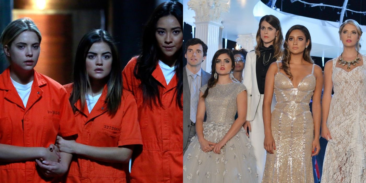 Split image of Hanna, Aria, Emily in orange jumpsuits and the liars at the ice ball on Pretty Little Liars