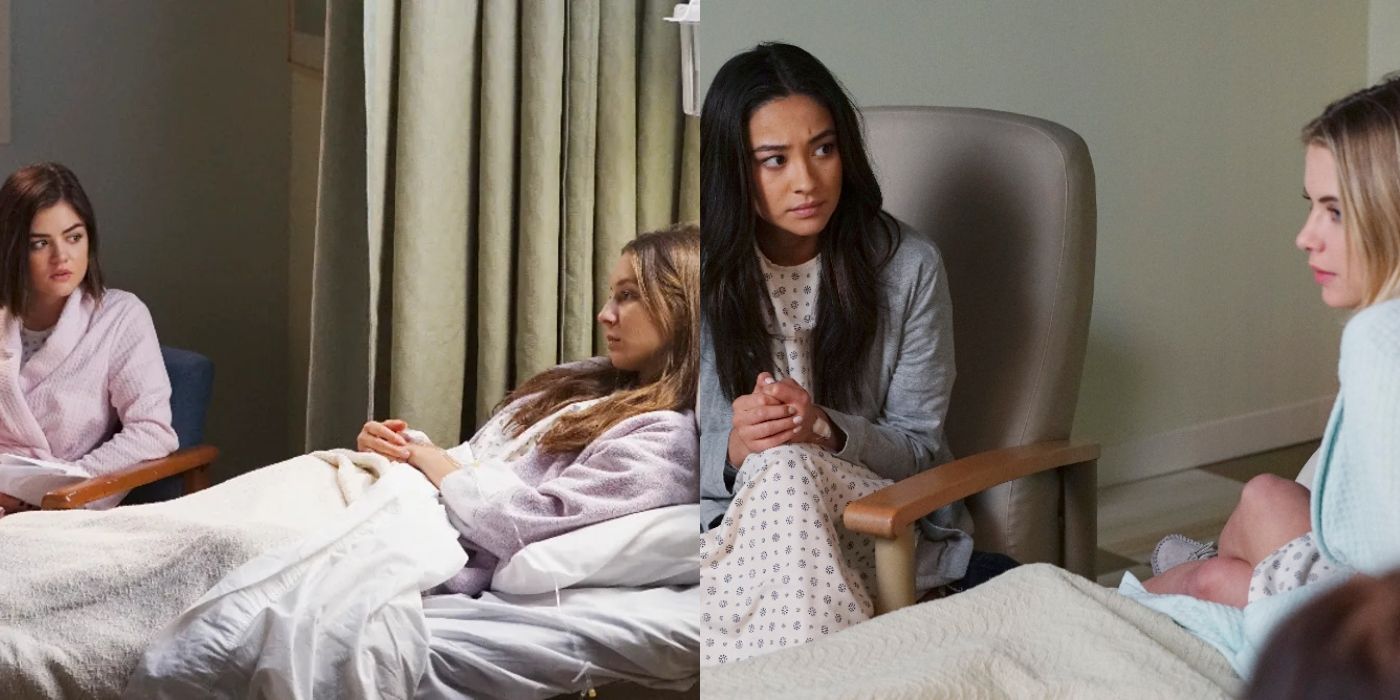Split image of Aria, Spencer, Emily, and Hanna in the hospital on Pretty Little Liars