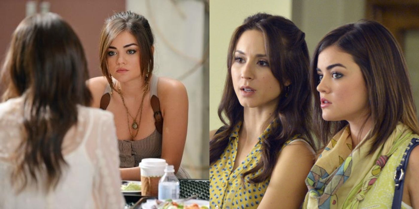 Split image of Spencer and Aria sitting together on Pretty Little Liars