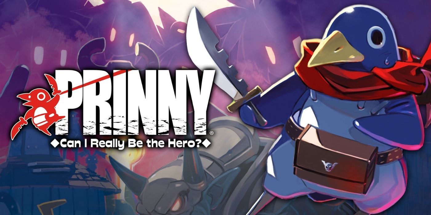 Banner for the video game Prinny Can I Really Be the Hero featuring a penguin holding a sword
