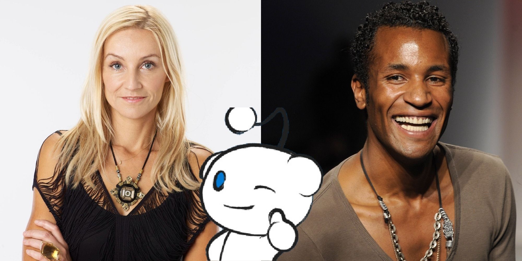 Split image showing Uli and Jerell from Project Runway, and Snoo from Reddit doing a thumbs up
