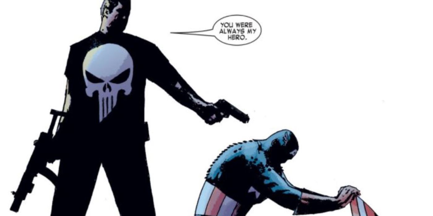 Punisher aims a gun at a kneeling Captain America in a Marvel comic.