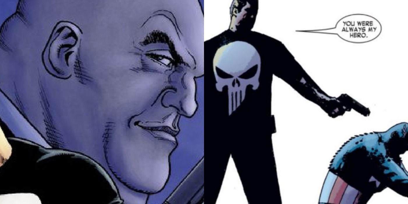 Split image of Kingpin smiling and Punisher aiming his gun at a kneeling Captain America in Marvel Comics.
