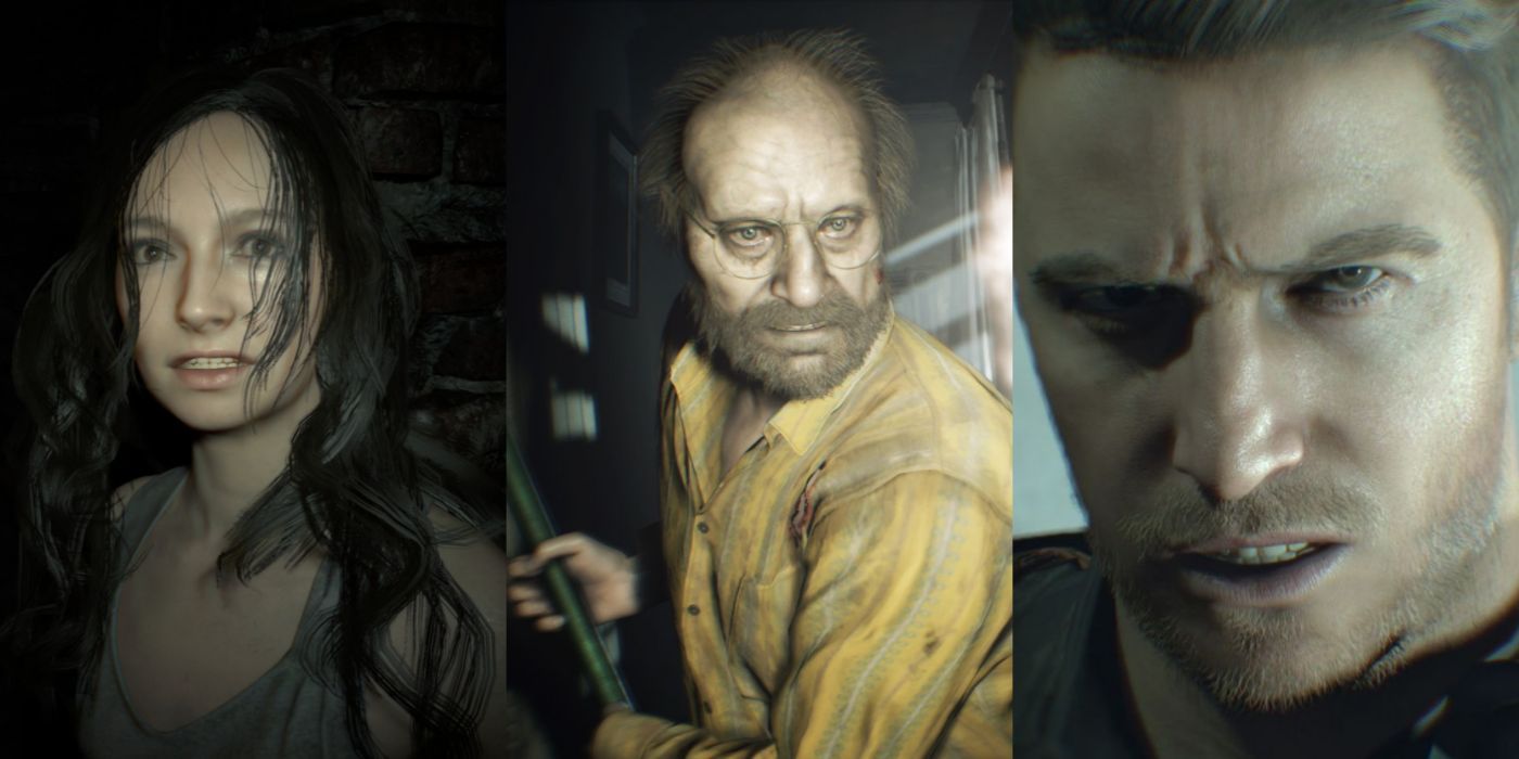 A split image of Mia Winters, Jack Baker, and Chris Redfield from Resident Evil VII.