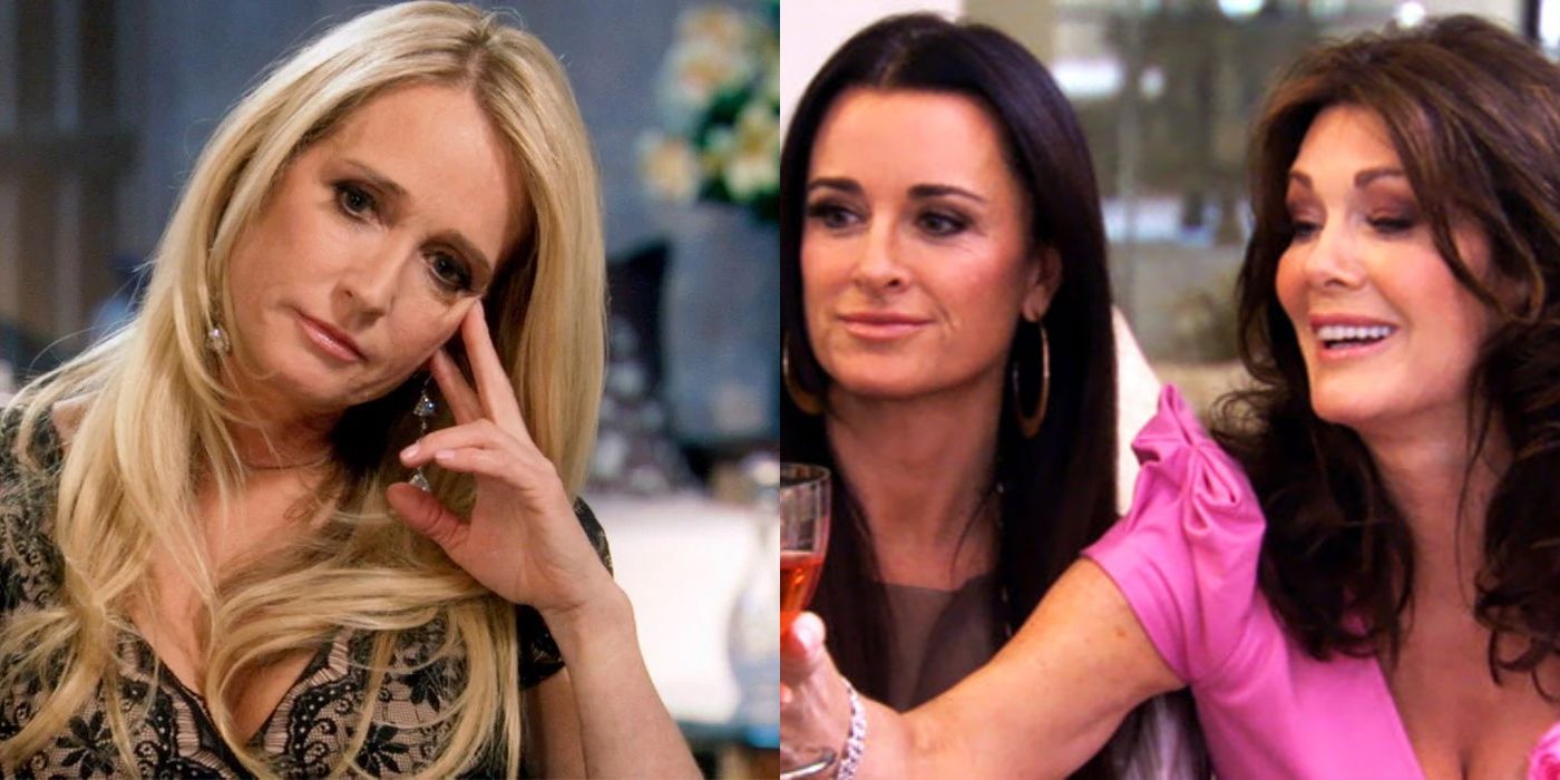 Split image of Kim with fingers on face and Kyle with Lisa on RHOBH