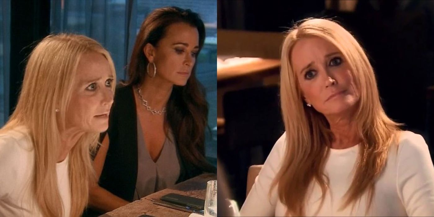 Split image of Kim and Kyle Richards at dinner in Amsterdam on RHOBH