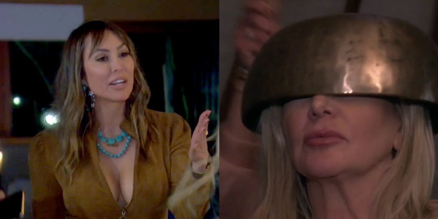 Split image of Kelly Dodd gesturing and Shannon Beador with a helmet on RHOC