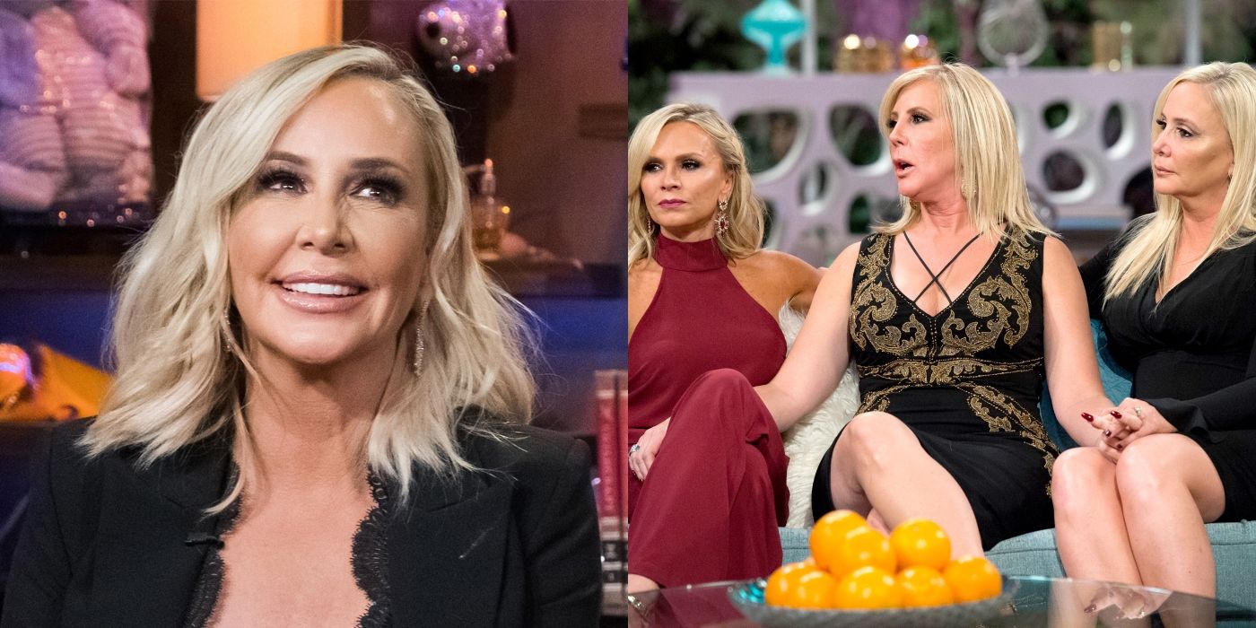 Split image of Shannon smiling and Tamra, Vicki, and Shannon holding hands on RHOC