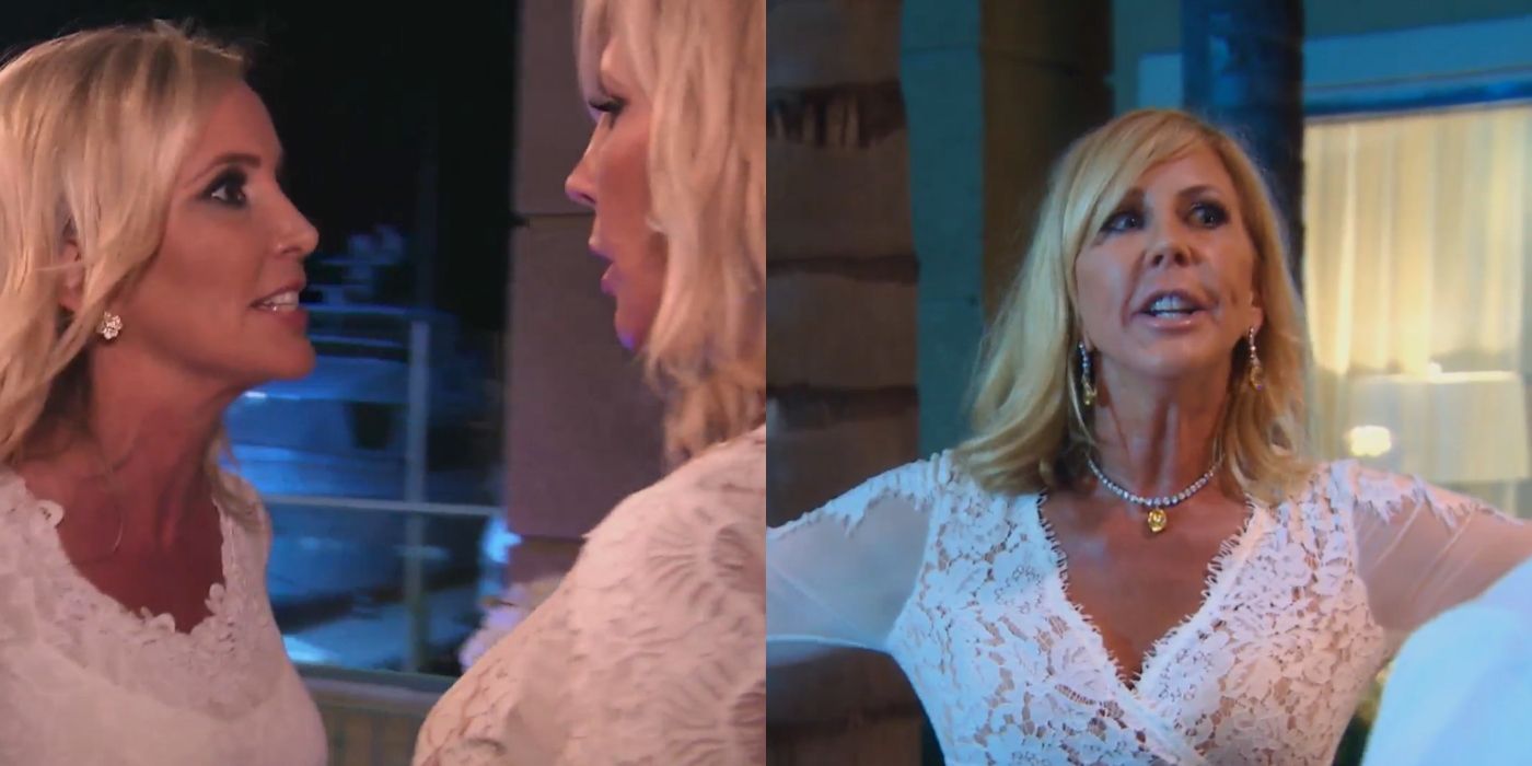 Split image of Shannon fighting with Vicki and Vicki putting hands up on RHOC