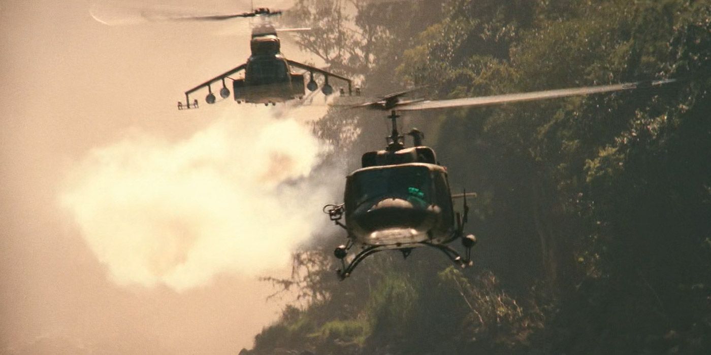 A HIND gunship pursues Rambo's helicopter in Rambo: First Blood, Part II