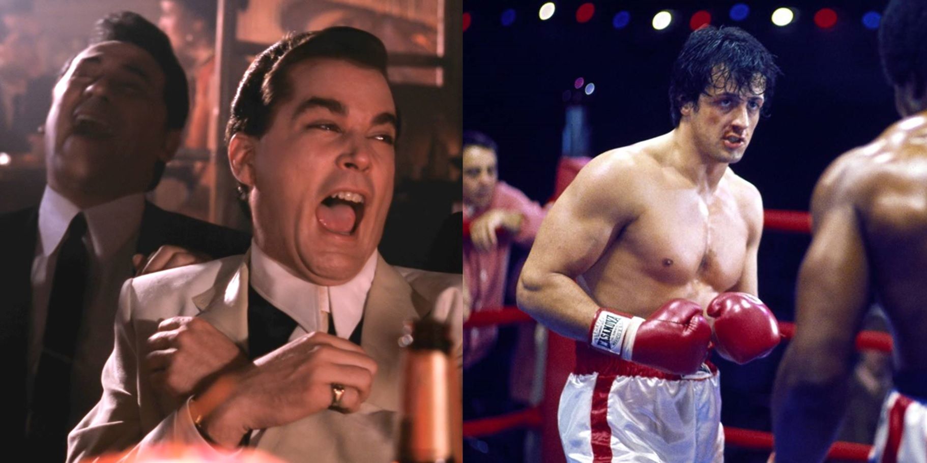 Ray Liotta laughing in Goodfellas and Sylvester Stallone in the ring in Rocky