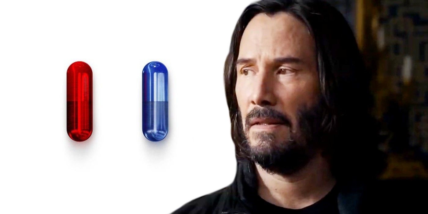 Red blue pills and Keanu Reeves as Neo Thomas in Matrix Resurrections