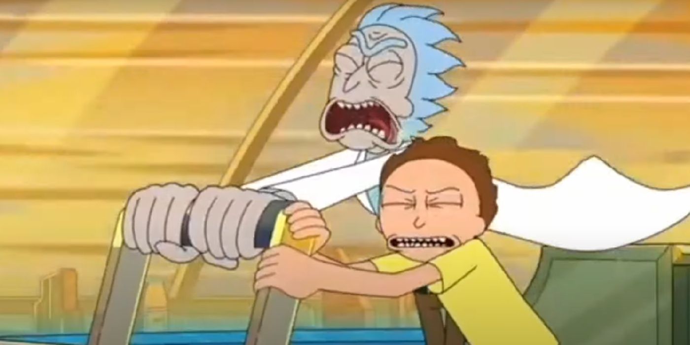 Rick and Morty work together to push the lever in the season 5 finale