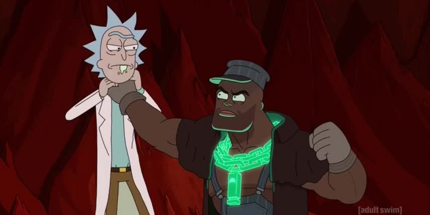 Alan Rails grabs Rick by the neck in Rick and Morty.