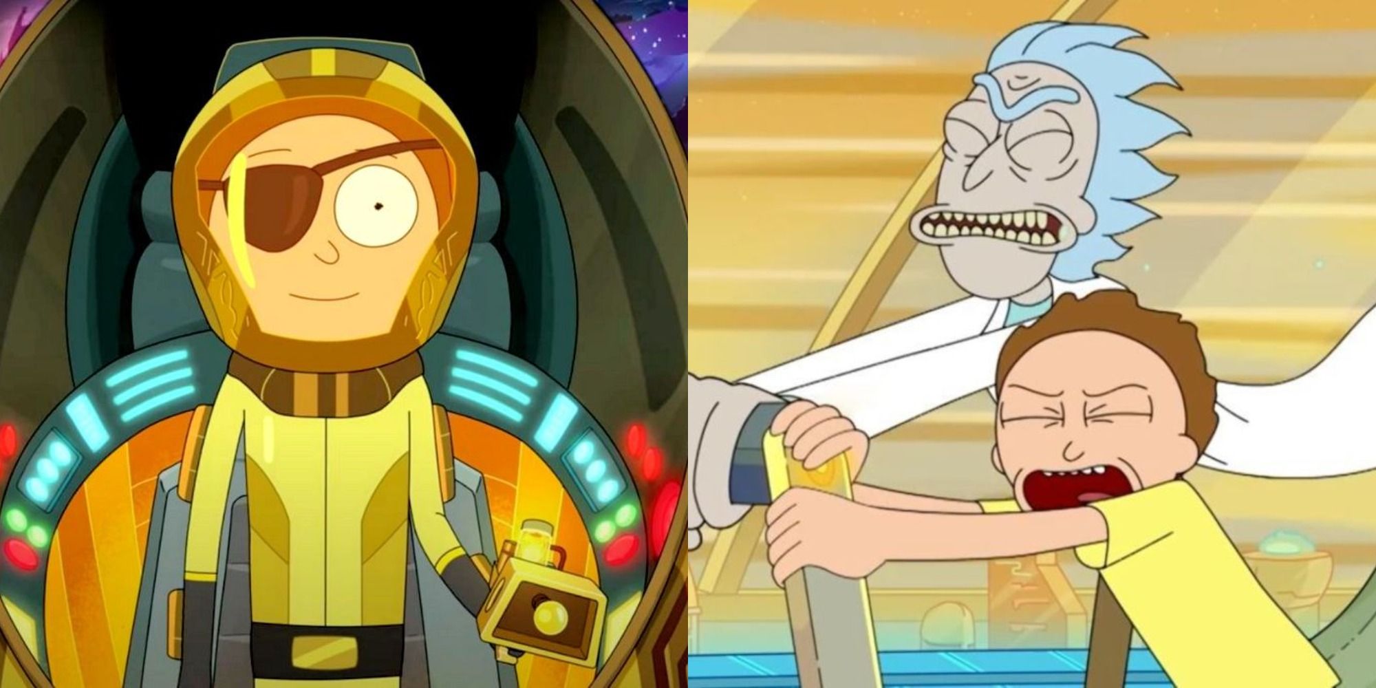 Split image showing Evil M orty escaping, and Rick and Morty with struggling faces