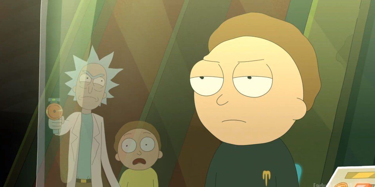 Evil Morty smiles while Rick and Morty are trapped behind a force field