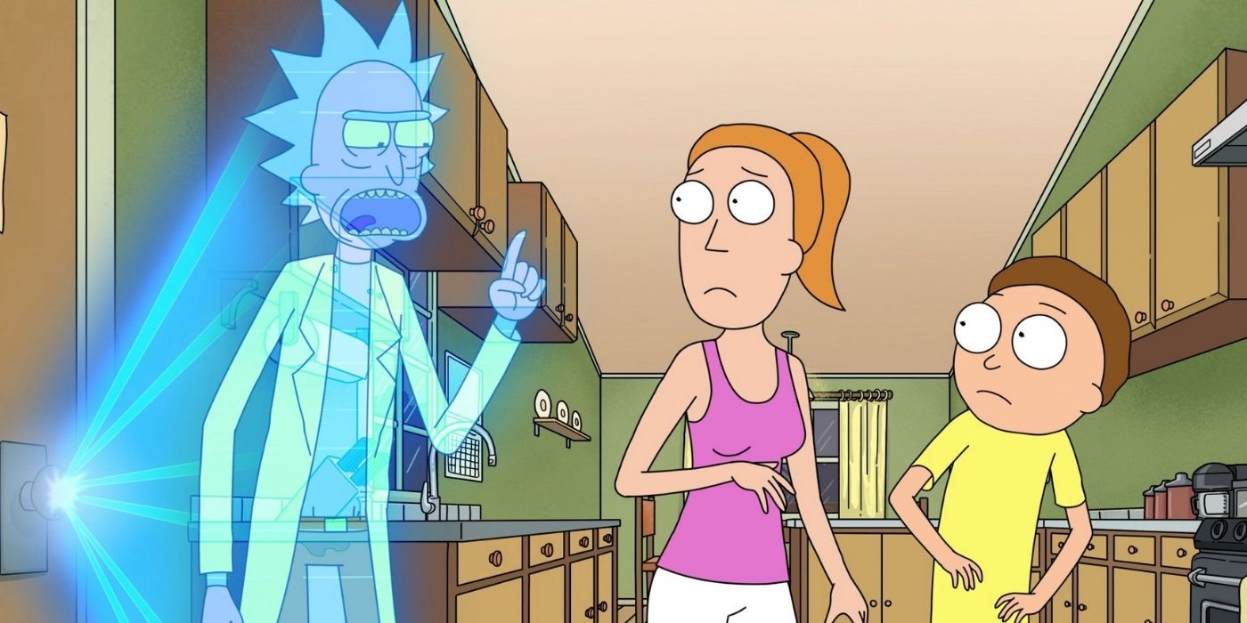 A holographic Rick talks to Beth and Morty in Rick and Morty